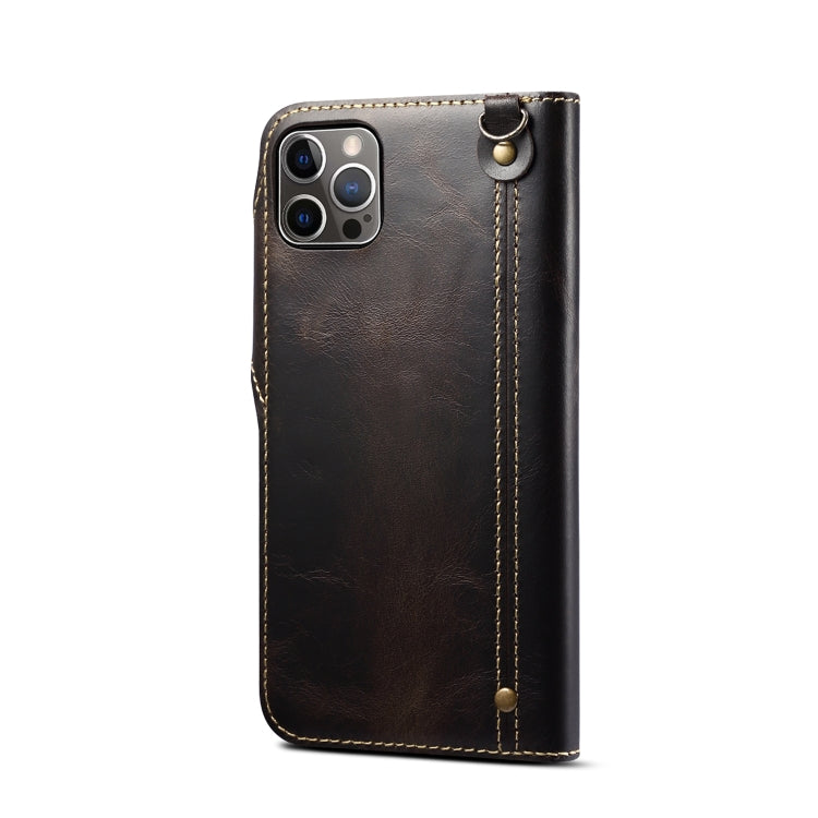 For iPhone 15 Denior Oil Wax Cowhide Magnetic Button Genuine Leather Case(Black)