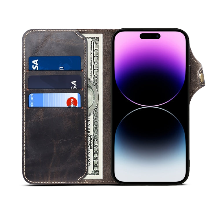 For iPhone 15 Denior Oil Wax Cowhide Magnetic Button Genuine Leather Case(Black)