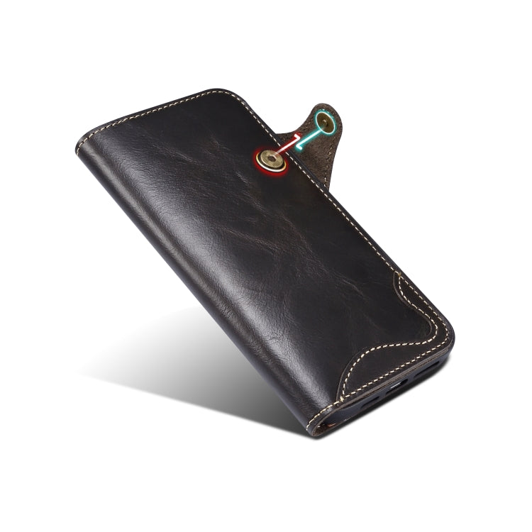 For iPhone 15 Denior Oil Wax Cowhide Magnetic Button Genuine Leather Case(Black)