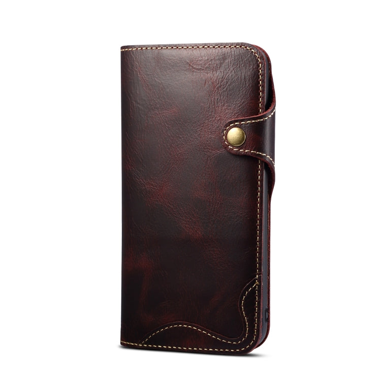 For iPhone 15 Denior Oil Wax Cowhide Magnetic Button Genuine Leather Case(Dark Red)