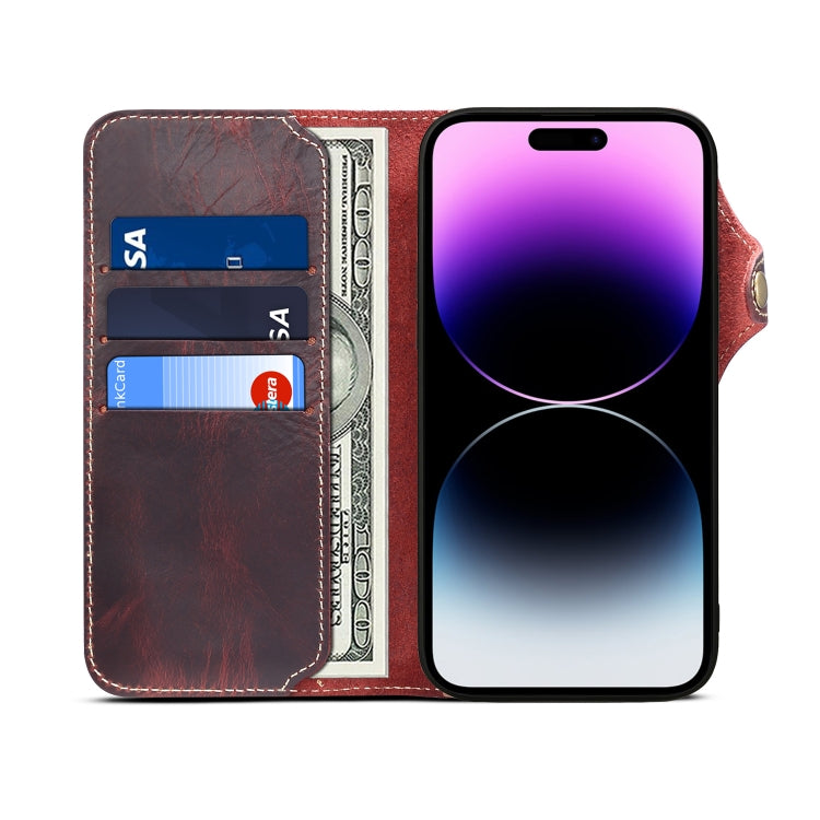 For iPhone 15 Denior Oil Wax Cowhide Magnetic Button Genuine Leather Case(Dark Red)