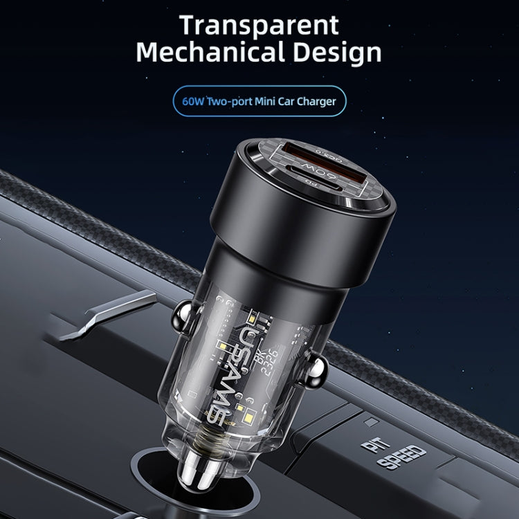USAMS US-CC208 C39 60W USB + Type-C Dual Port Fast Charging Aluminum Alloy Transparent Car Charger(Black)