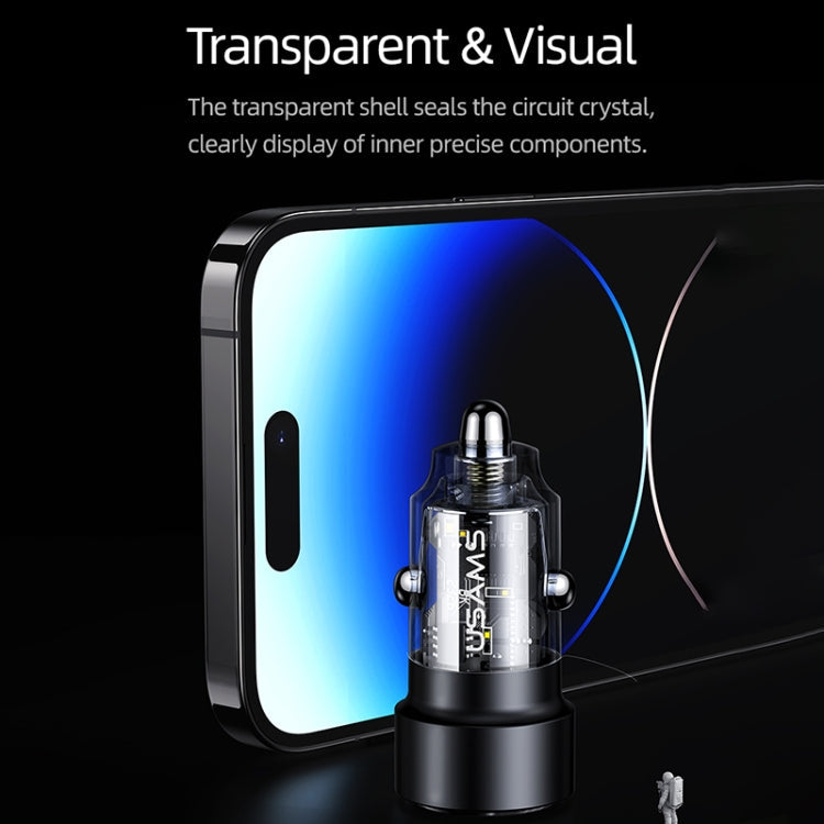USAMS US-CC208 C39 60W USB + Type-C Dual Port Fast Charging Aluminum Alloy Transparent Car Charger(Black)