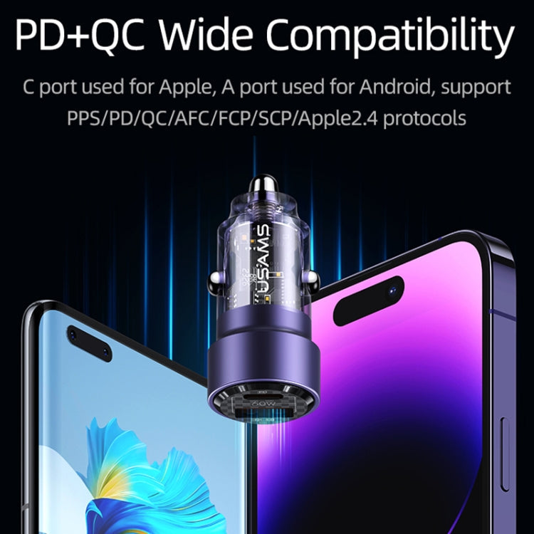 USAMS US-CC208 C39 60W USB + Type-C Dual Port Fast Charging Aluminum Alloy Transparent Car Charger(Black)