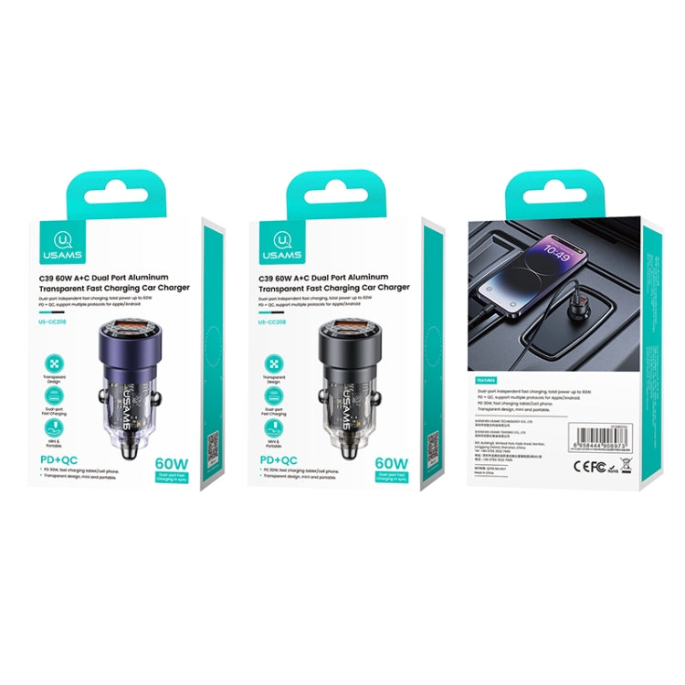 USAMS US-CC208 C39 60W USB + Type-C Dual Port Fast Charging Aluminum Alloy Transparent Car Charger(Black)