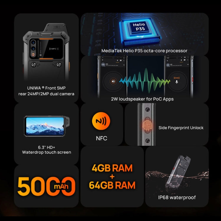 UNIWA W888 HD+ Rugged Phone, 4GB+64GB, 6.3 inch Android 11 Mediatek MT6765 Helio P35 Octa Core up to 2.3GHz, NFC, OTG, Network: 4G(Black)