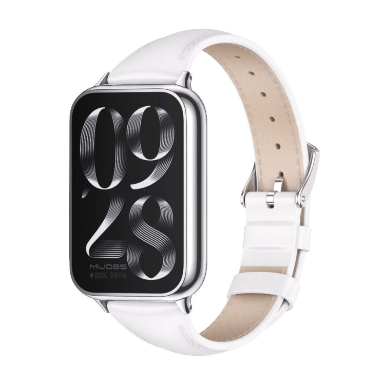 For Redmi Watch 6 / 5 / Xiaomi Band 9 Pro Mijobs Genuine Leather Slim Watch Band(White Silver)