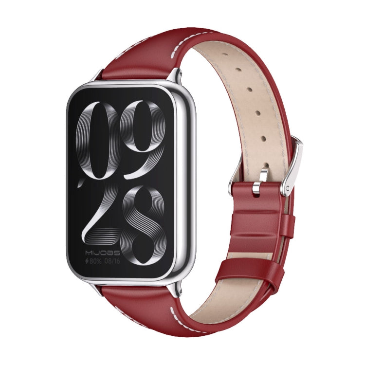For Redmi Watch 6 / 5 / Xiaomi Band 9 Pro Mijobs Genuine Leather Slim Watch Band(Red Silver)