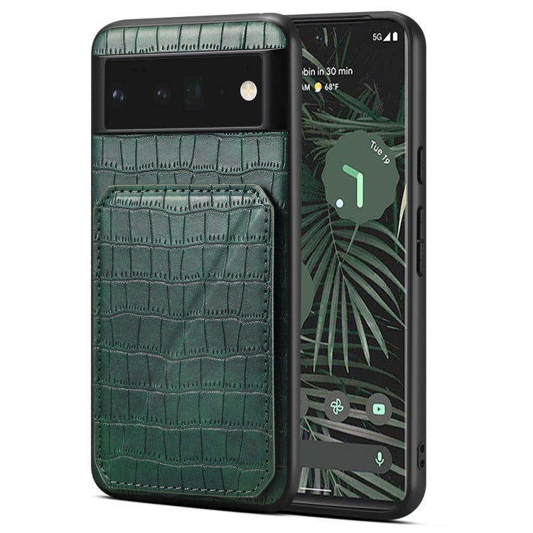 For Google Pixel 6 Pro Denior Crocodile Texture Holder Electroplating Phone Case(Green)