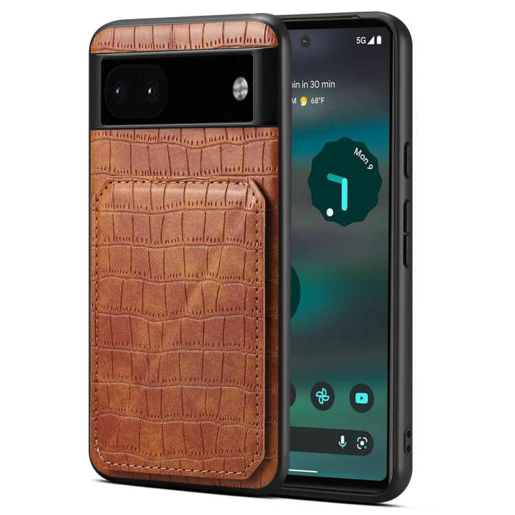 For Google Pixel 6a Denior Crocodile Texture Holder Electroplating Phone Case(Brown)