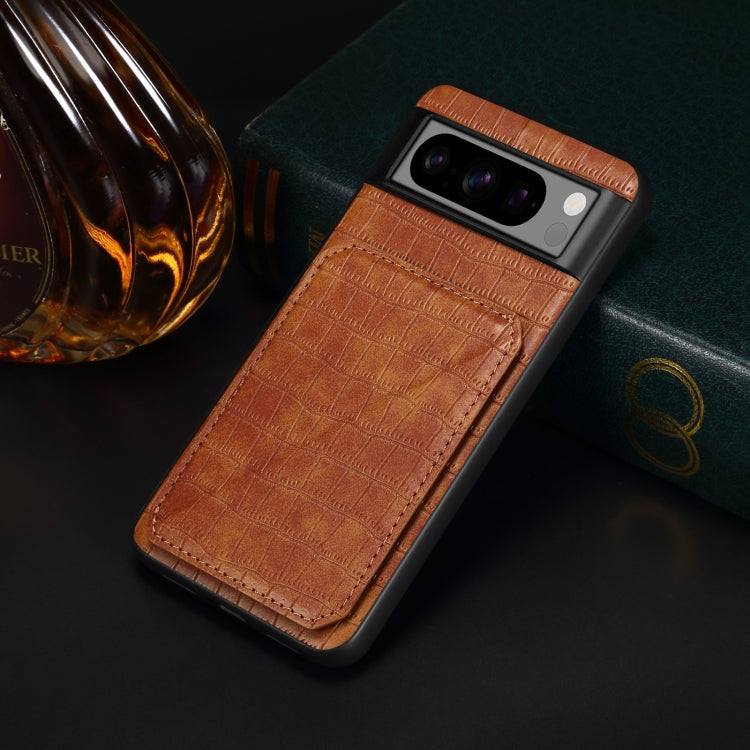 For Google Pixel 6a Denior Crocodile Texture Holder Electroplating Phone Case(Brown)