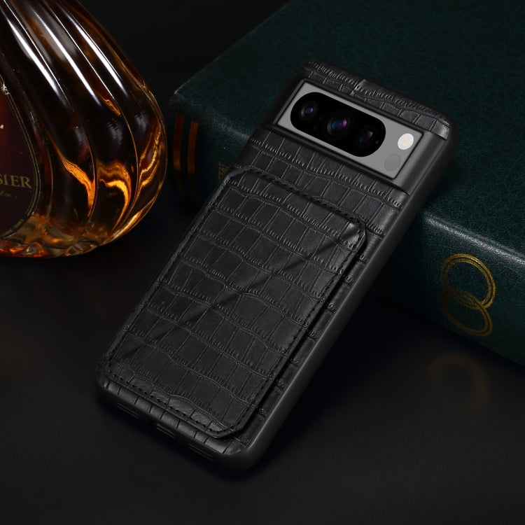 For Google Pixel 7 Denior Crocodile Texture Holder Electroplating Phone Case(Black)