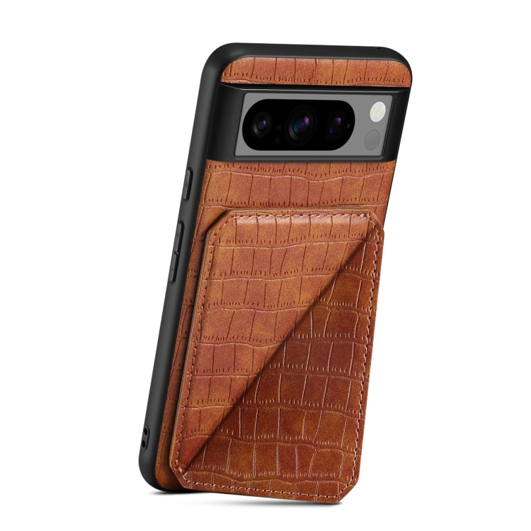 For Google Pixel 7 Pro Denior Crocodile Texture Holder Electroplating Phone Case(Brown)