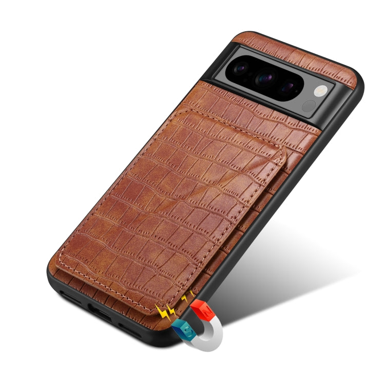 For Google Pixel 7 Pro Denior Crocodile Texture Holder Electroplating Phone Case(Brown)