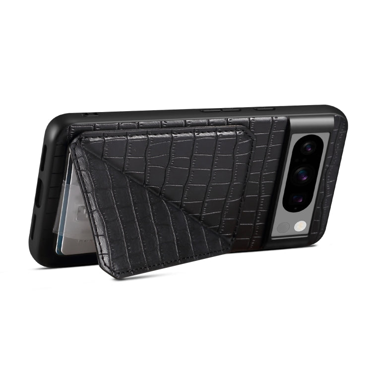 For Google Pixel 8 Denior Crocodile Texture Holder Electroplating Phone Case(Black)