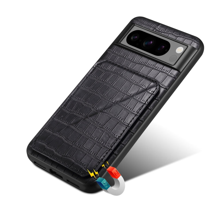 For Google Pixel 8 Pro Denior Crocodile Texture Holder Electroplating Phone Case(Black)