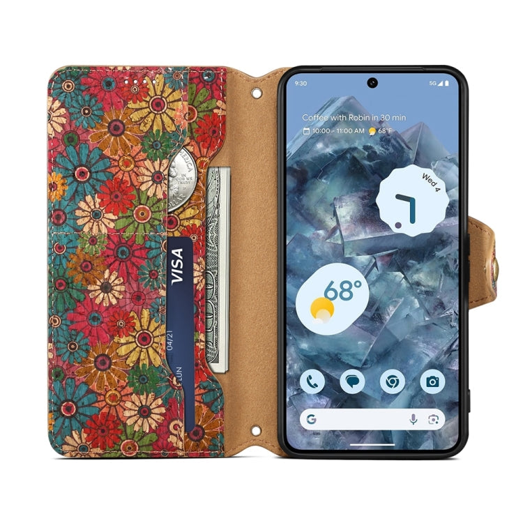 For Google Pixel 7a Denior Flower Language Series Cork Fabric Oil Edge Leather Phone Case(Spring)