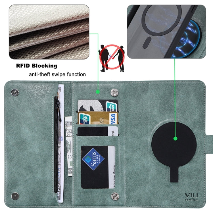 For iPhone 15 Pro Max ViLi GV Series MagSafe Magnetic Zipper Leather Phone Case(Green)