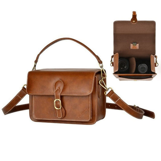 Cwatcun D80 Retro Leather Camera Shoulder Bag, Size:22 x 16 x 12cm Faux Leather Small(Brown)