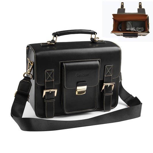 Cwatcun D83 Vintage Small Camera Case Leather Camera Messenger Bag, Size:24 x 17 x 12cm(Black)
