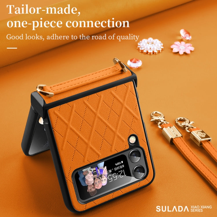 For Samsung Galaxy Z Flip4 SULADA Elegant Rhombic Texture Folding Phone Case with Lanyard(Orange)