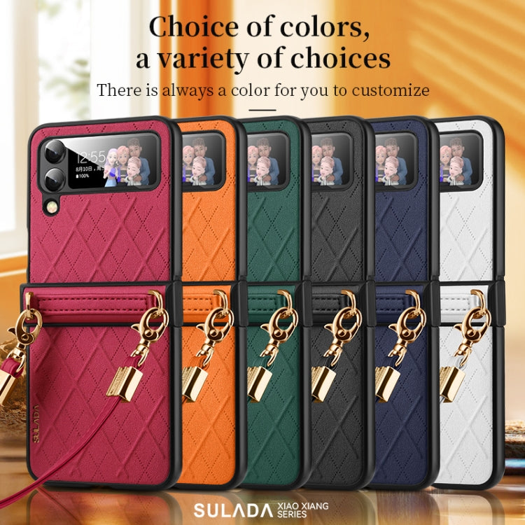 For Samsung Galaxy Z Flip4 SULADA Elegant Rhombic Texture Folding Phone Case with Lanyard(Red)