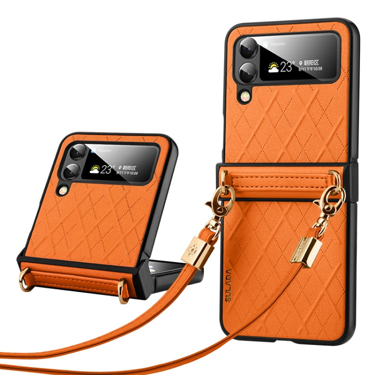 For Samsung Galaxy Z Flip5 SULADA Elegant Rhombic Texture Folding Phone Case with Lanyard(Orange)