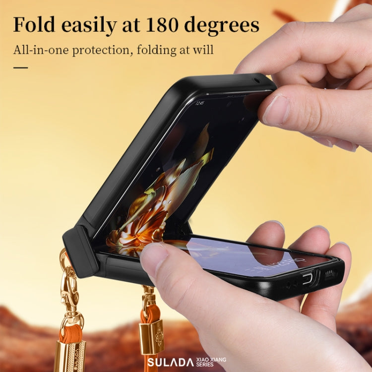 For Samsung Galaxy Z Flip5 SULADA Elegant Rhombic Texture Folding Phone Case with Lanyard(Orange)