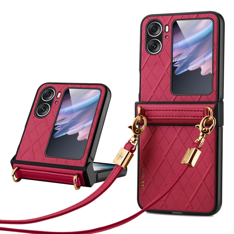 For OPPO Find N2 Flip SULADA Elegant Rhombic Texture Folding Phone Case with Lanyard(Red)