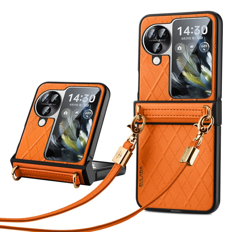 For OPPO Find N3 Flip SULADA Elegant Rhombic Texture Folding Phone Case with Lanyard(Orange)