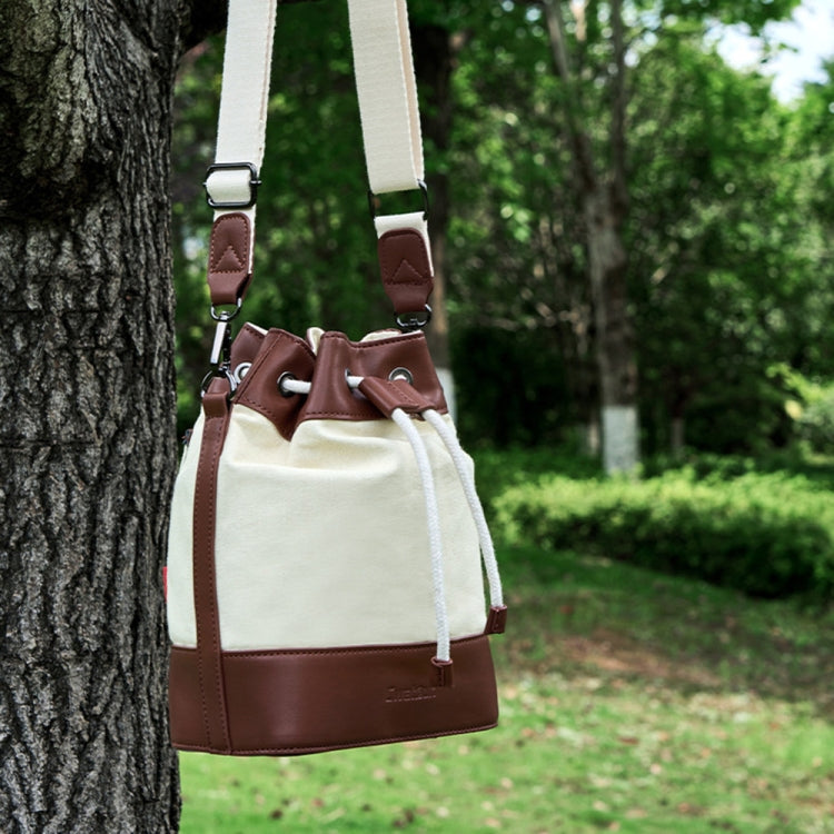 Cwatcun D100 Canvas PU Waterproof Bundle Drawstring Lens Bag Crossbody Camera Bag, Size:20 x 11 x 26cm(Beige)