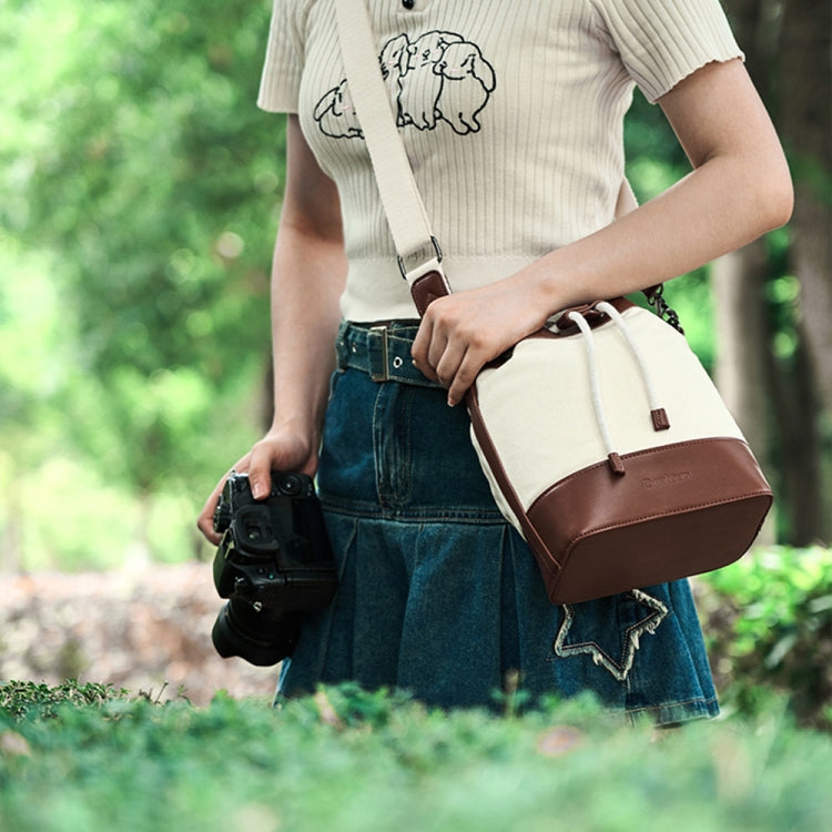 Cwatcun D100 Canvas PU Waterproof Bundle Drawstring Lens Bag Crossbody Camera Bag, Size:22 x 12 x 31cm(Beige)