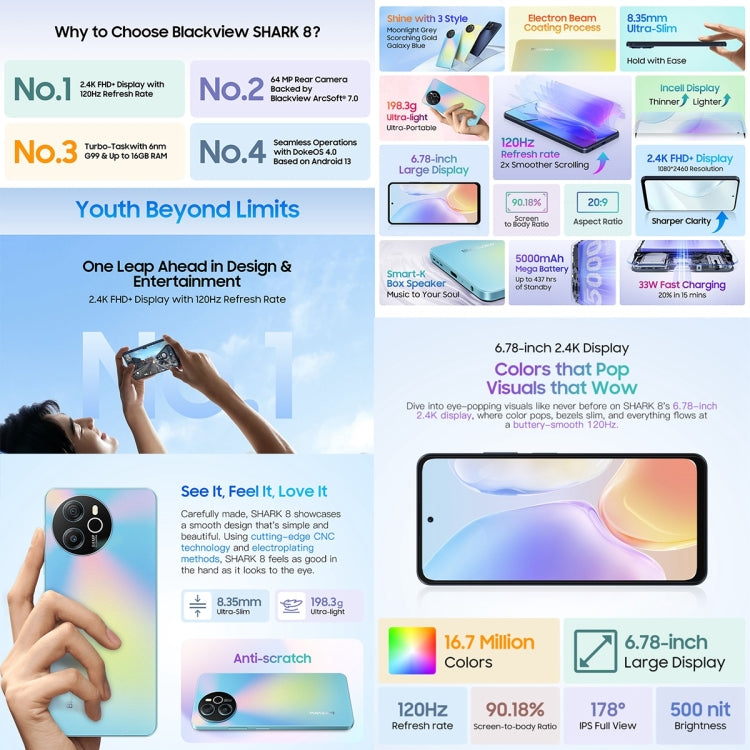 [HK Warehouse] Blackview SHARK 8, 8GB+256GB, Fingerprint Identification, 6.78 inch Android 13 MTK6789 Helio G99 Octa Core up to 2.2GHz, Network: 4G, OTG(Scorching Gold)