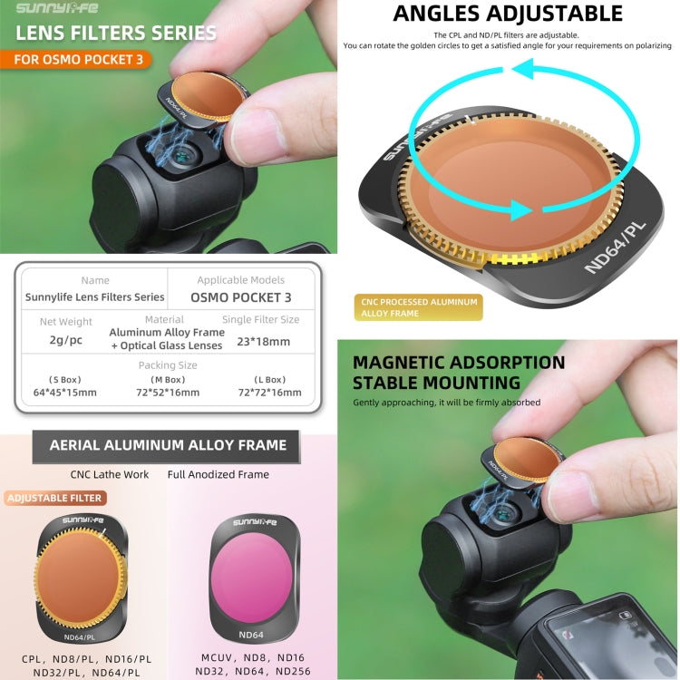 For DJI OSMO Pocket 3 Sunnylife Camera Lens Magnetic Metal Filter, Filter:6 in 1 UV CPL ND8-64