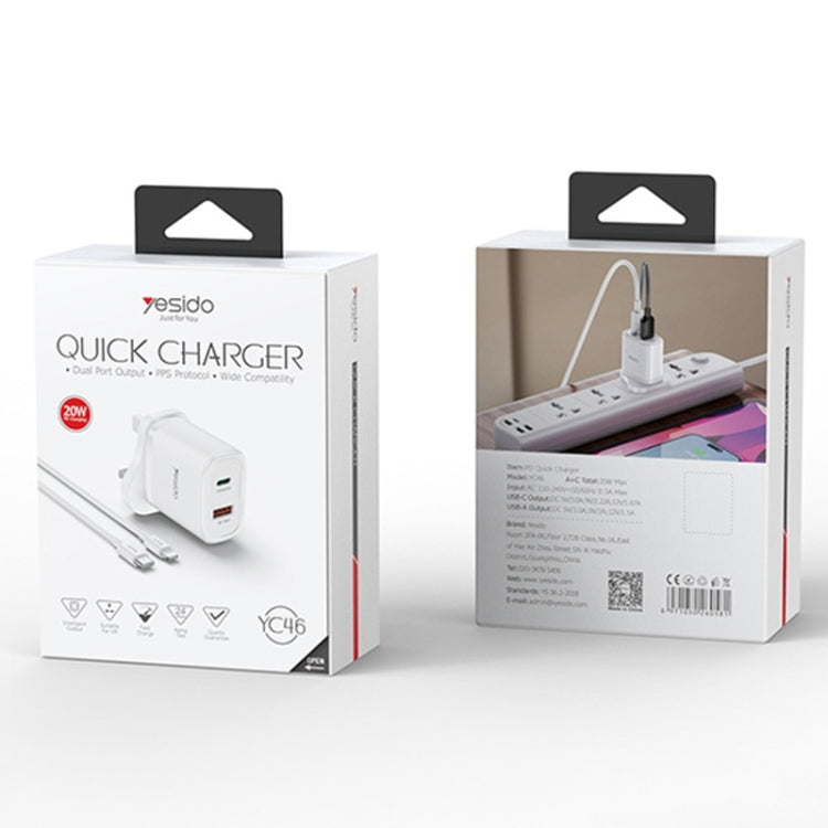 Yesido YC46 PD20W USB-C / Type-C + USB Travel Charger with 1m Type-C to 8 Pin Cable, UK Plug(White)