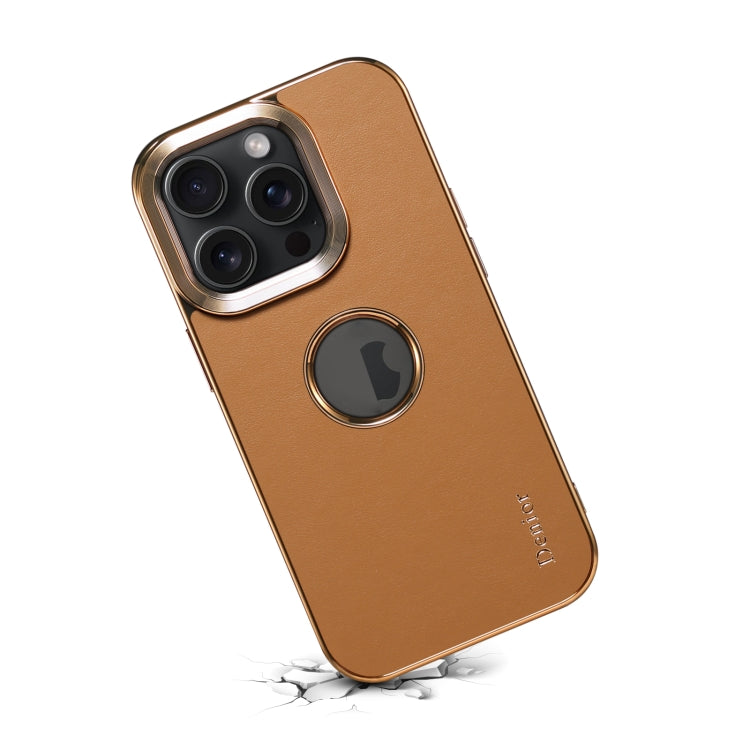 For iPhone 15 Plus Denior Fragrant Calf Texture Electroplating Phone Case(Khaki)