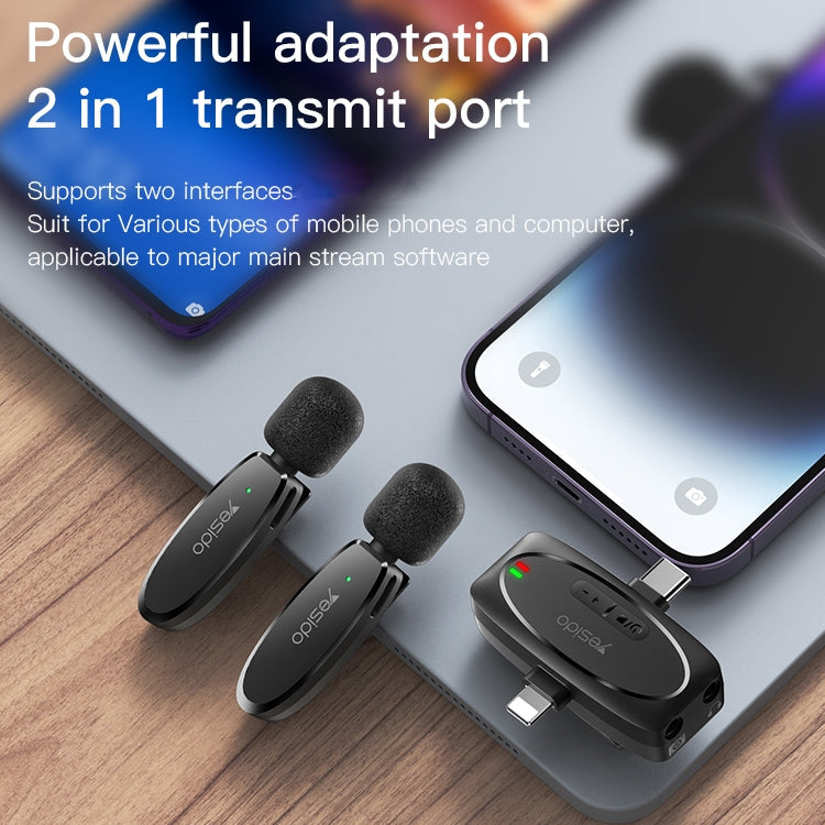 YESIDO KR15 Dual Low-latency Wireless Lavalier Microphone with 3 in 1 Receiver(Black)