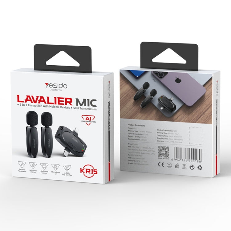 YESIDO KR15 Dual Low-latency Wireless Lavalier Microphone with 3 in 1 Receiver(Black)