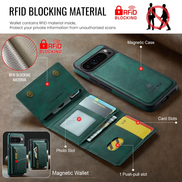 For Google Pixel 9 Pro XL DG.MING M5 Series Zip RFID Multi Card Detachable Leather Phone Case(Green)