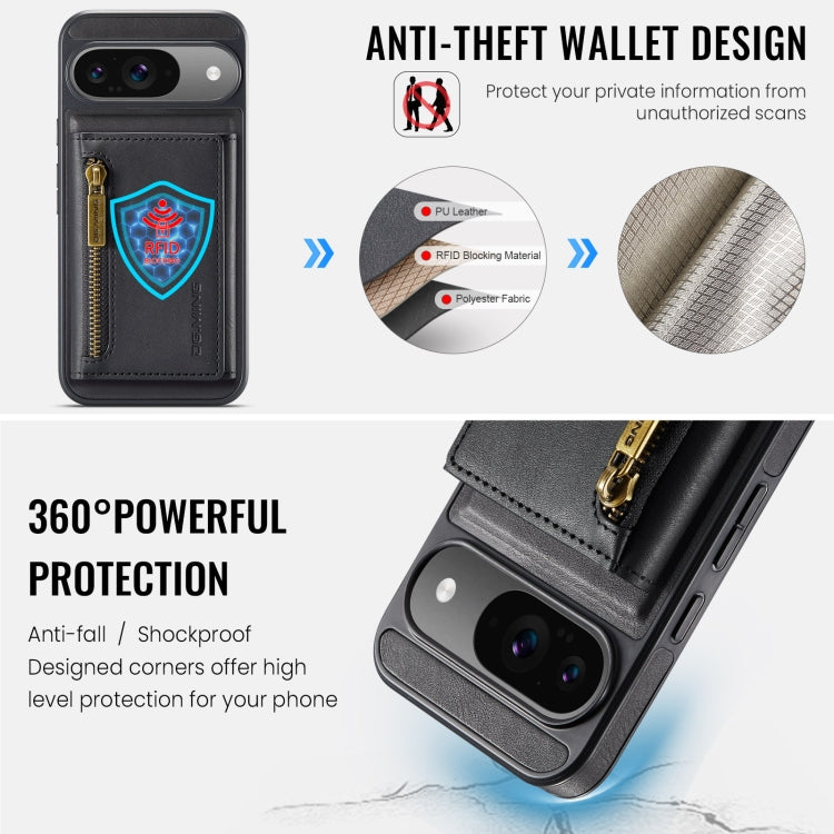 For Google Pixel 9 / 9 Pro DG.MING M5 Series Zip RFID Multi Card Detachable Leather Phone Case(Black)