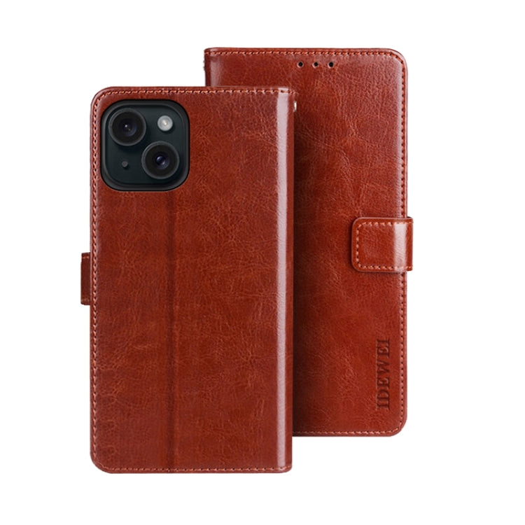 For iPhone 15 Plus idewei Crazy Horse Texture Leather Phone Case with Holder(Brown)