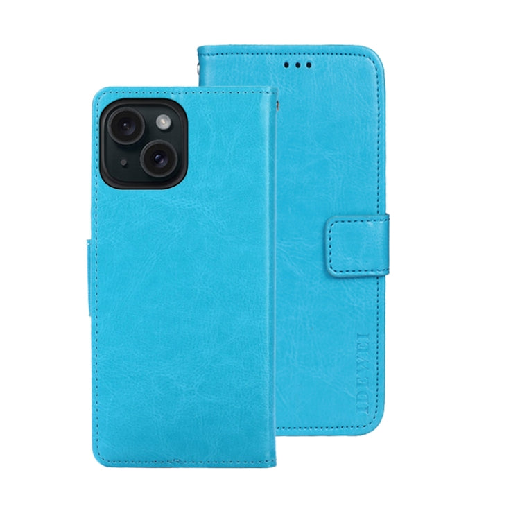 For iPhone 15 idewei Crazy Horse Texture Leather Phone Case with Holder(Sky Blue)