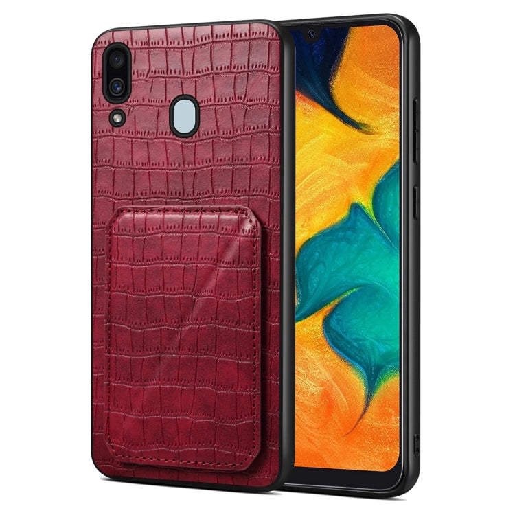 For Samsung Galaxy A20 / A30 Denior Imitation Crocodile Leather Back Phone Case with Holder(Rose Red)
