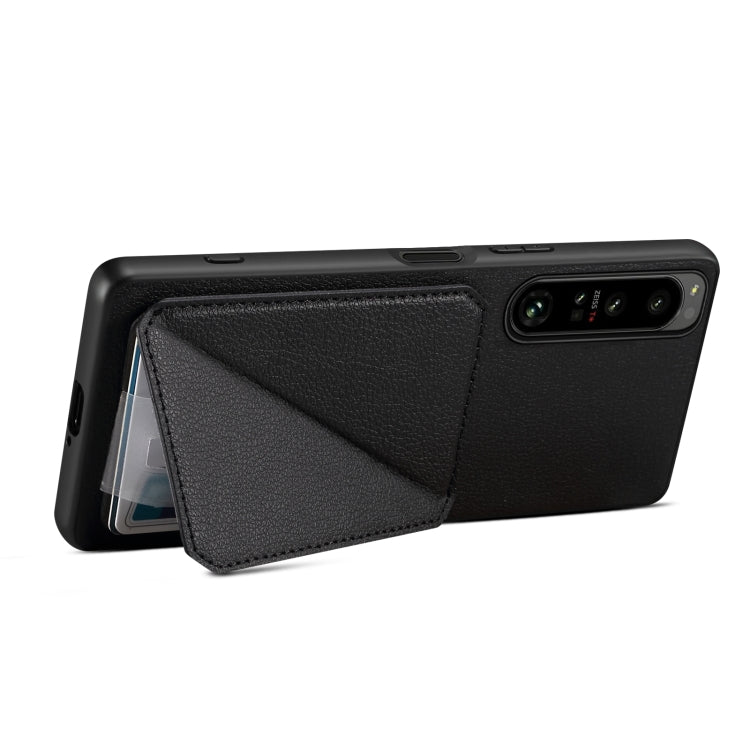 For Sony Xperia 1 IV Denior Imitation Calf Leather Back Phone Case with Holder(Black)