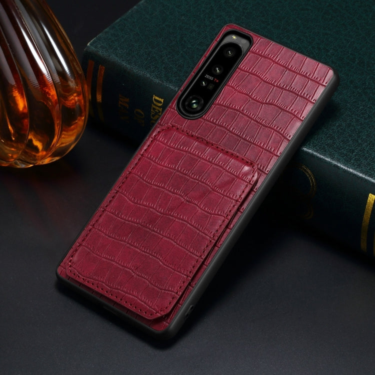 For Sony Xperia 1 IV Denior Imitation Crocodile Leather Back Phone Case with Holder(Rose Red)