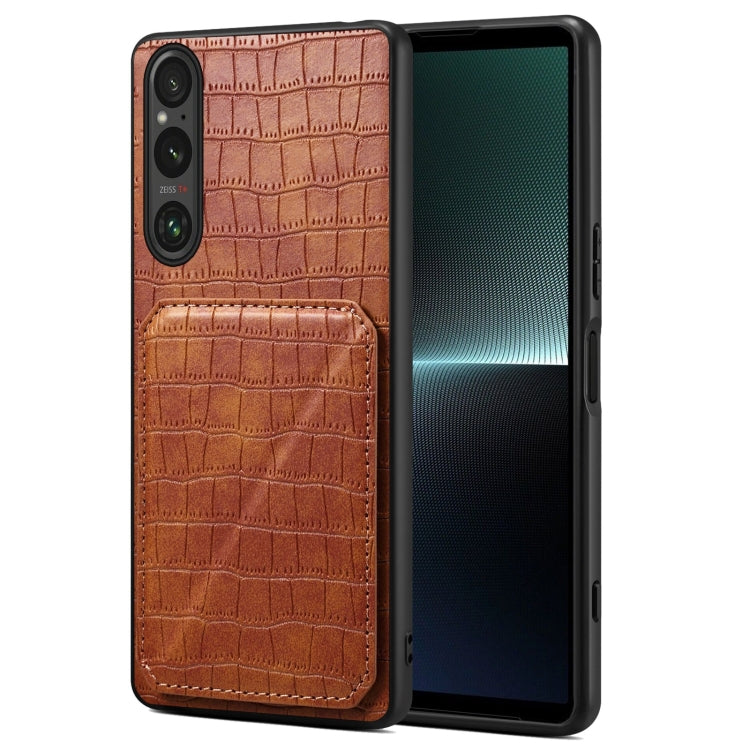 For Sony Xperia 1 V Denior Imitation Crocodile Leather Back Phone Case with Holder(Brown)