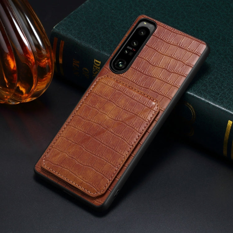 For Sony Xperia 1 V Denior Imitation Crocodile Leather Back Phone Case with Holder(Brown)