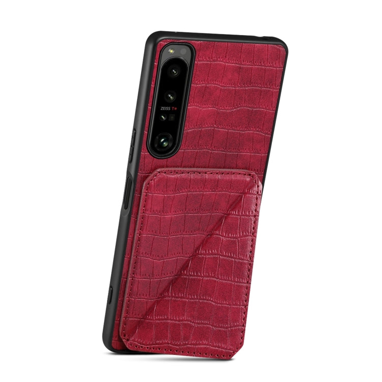 For Sony Xperia 1 V Denior Imitation Crocodile Leather Back Phone Case with Holder(Rose Red)