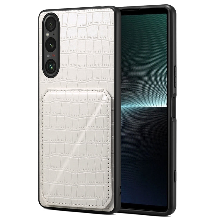 For Sony Xperia 1 V Denior Imitation Crocodile Leather Back Phone Case with Holder(White)
