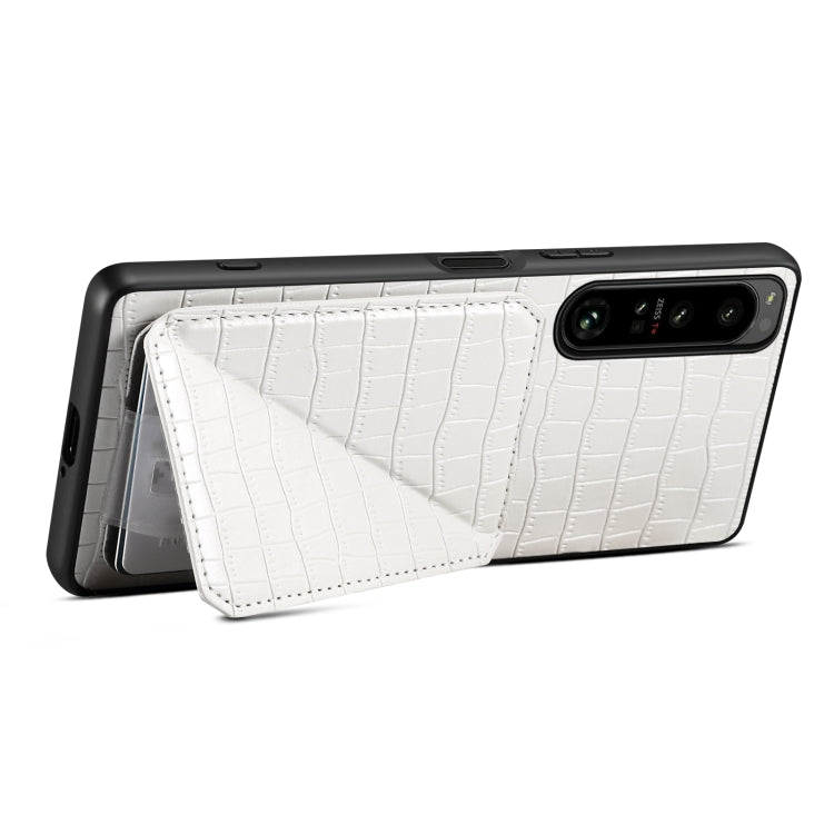 For Sony Xperia 1 V Denior Imitation Crocodile Leather Back Phone Case with Holder(White)